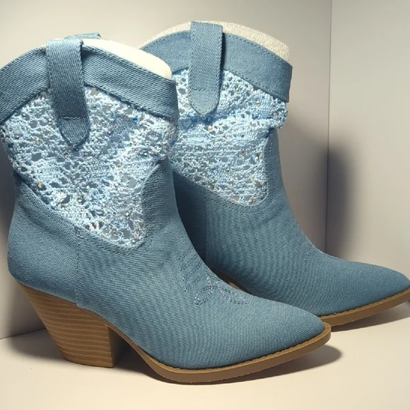 Forever Light Blue Denim Heeled Boots - Picture 2 of 3